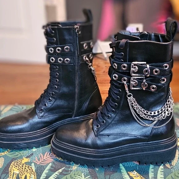 Zara Black Combat Boots with Silver Chains - Picture 2 of 6